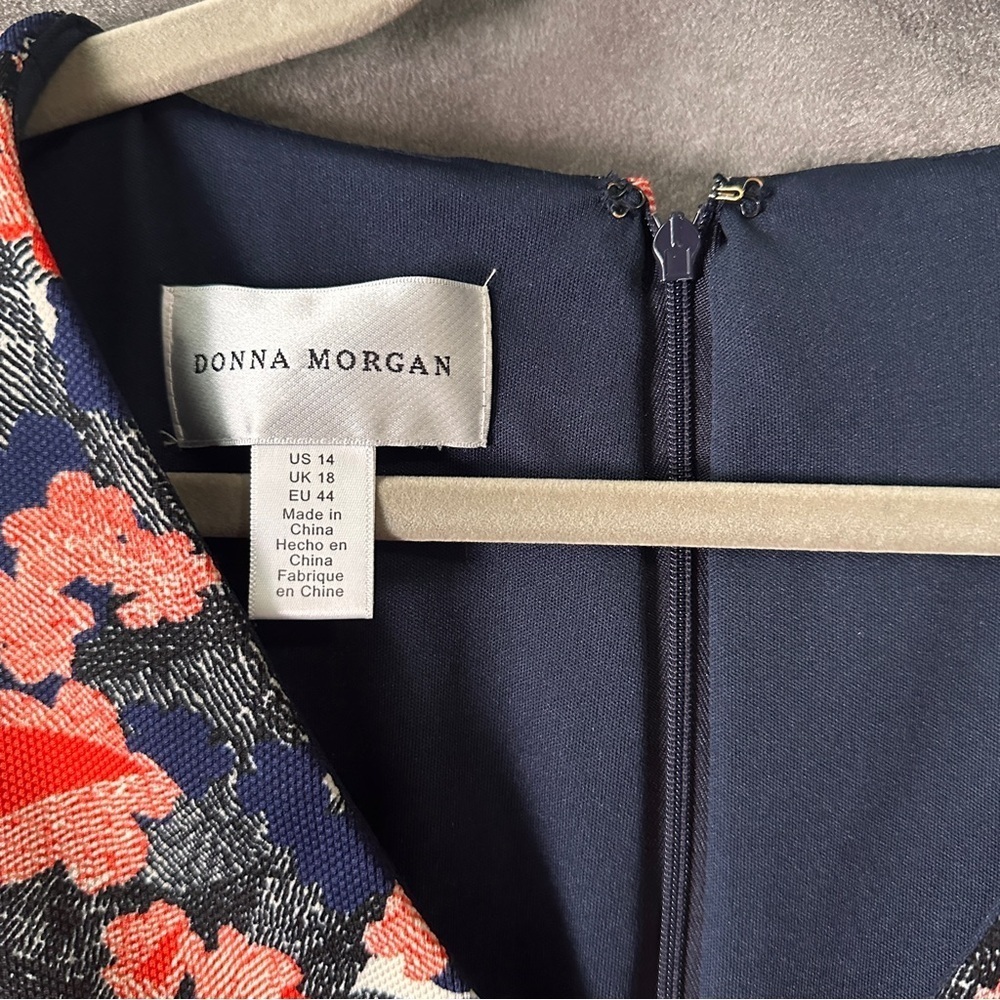 Donna Morgan Piqué Floral Fit & Flare Dress Navy Coral Size 14 Cocktail Wedding - Picture 4 of 13